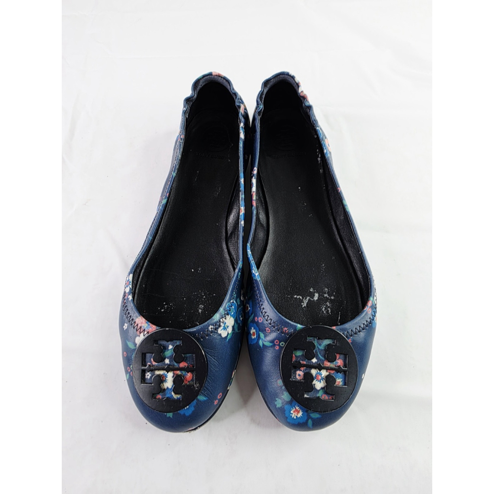 Tory Burch Minnie Travel Ballet Flats Blue Pansy Bouquet Floral Print Size 8.5